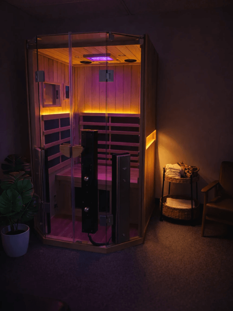 Infrared sauna with red light therapy panels