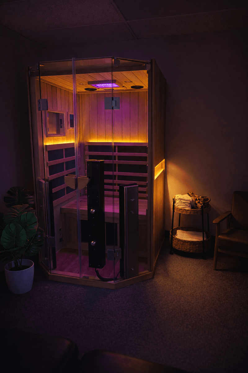Infrared sauna with red light therapy panels